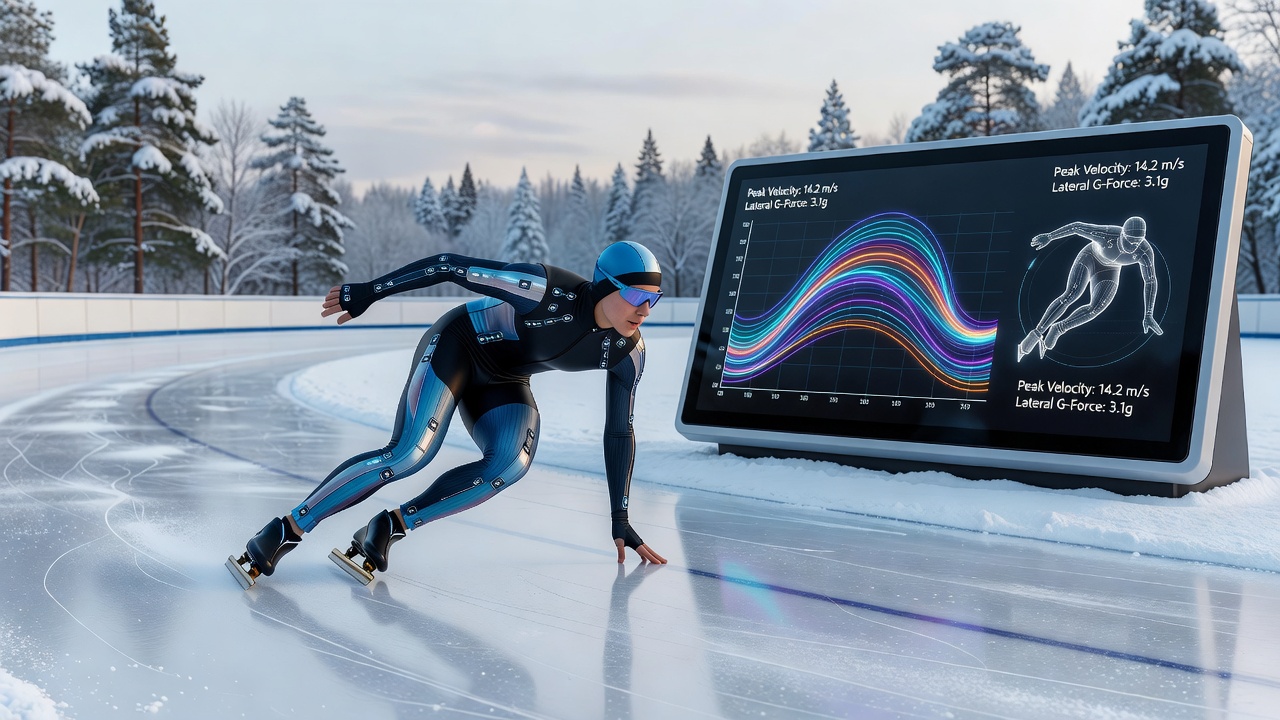 Detailed velocity graph from sensor suit data during a speed skating curve in winter competition footage